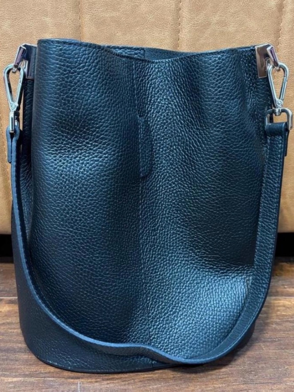 Textured Black Leather Tote Bag with Removable Strap